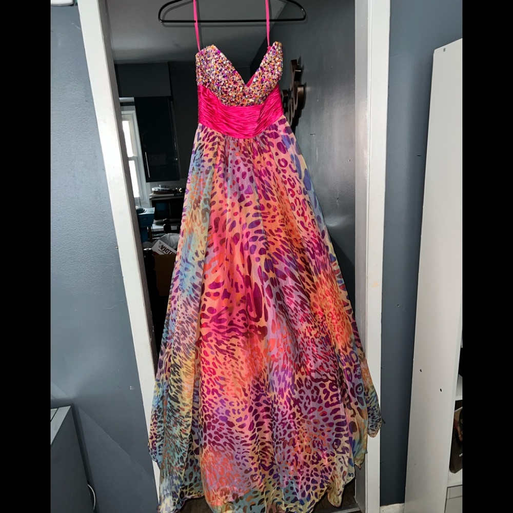 Camille La Vie Prom Dress Size 4, multi colored with leopard print and jewels